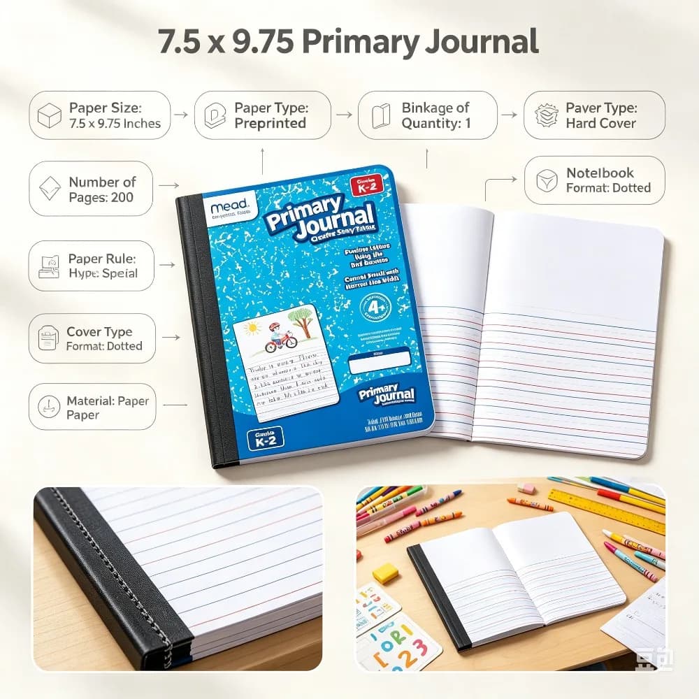 Primary Journal Half Page Ruled Writing Tablet, K-2 Composition Notebook with Picture Space, 200 Pages, Hard Cover for Kindergarten, 1st & 2nd Grade Students