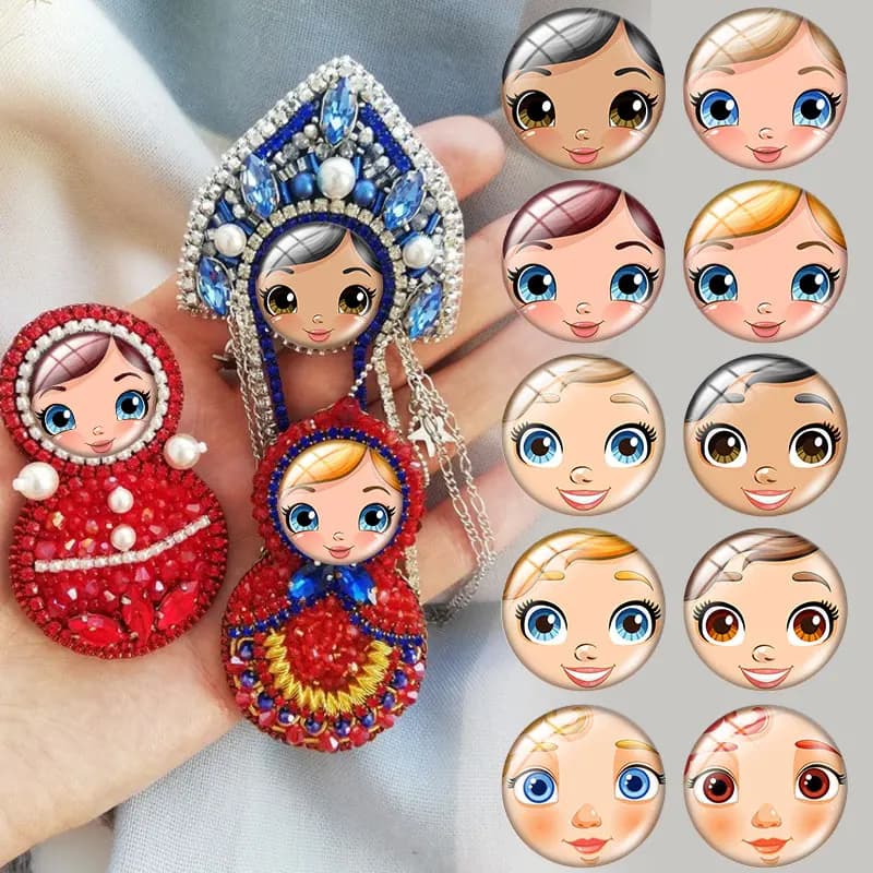 Illustrazione facciale di bambola russa che nidificano cabochon in vetro collana braccialetto anelli pendenti per gioielli demo orecchini retro Creazione