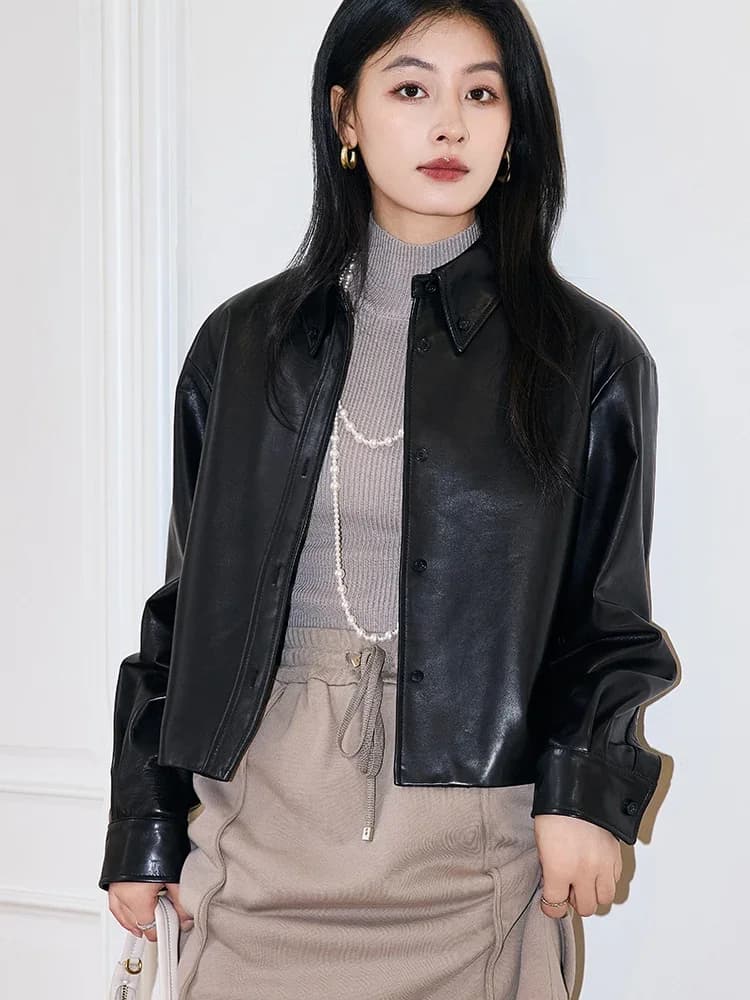 Casual Breve Giubbotti di Pelle Genuina per Le Donne Primavera Autunno 2026 Nuovo High-end Semplice Allentato Morbido Nero Reale Cappotto di pelle di pecora