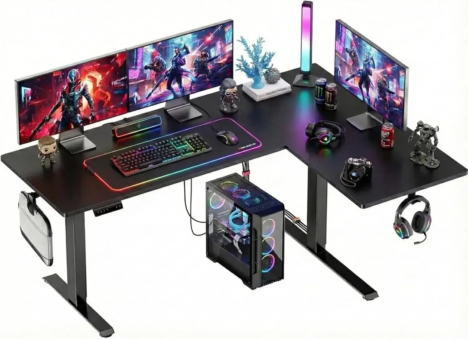 Scrivania da gaming a forma di L con doppio motore, scrivania angolare regolabile elettricamente da 71 x 48 pollici, tavolo per computer da gaming con cavo
