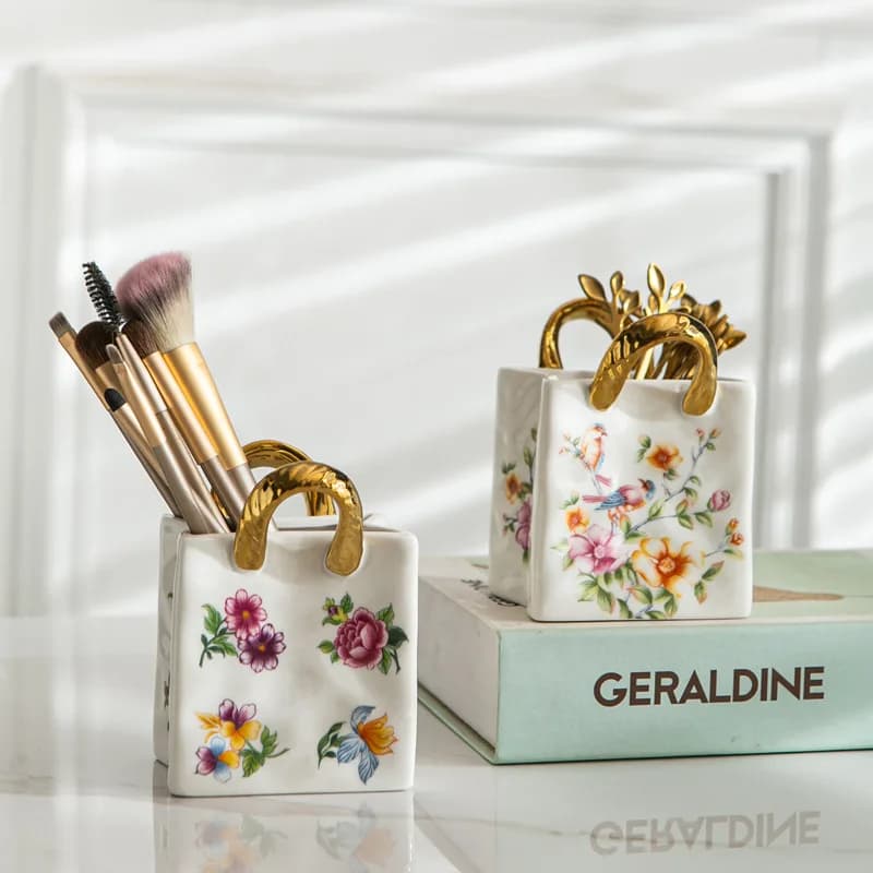 Organizer da Scrivania in Ceramica a Forma di Borsetta e Piccolo Vaso per Fiori, Porta Pennelli da Trucco per Vanity, Porta Utensili da Cucina