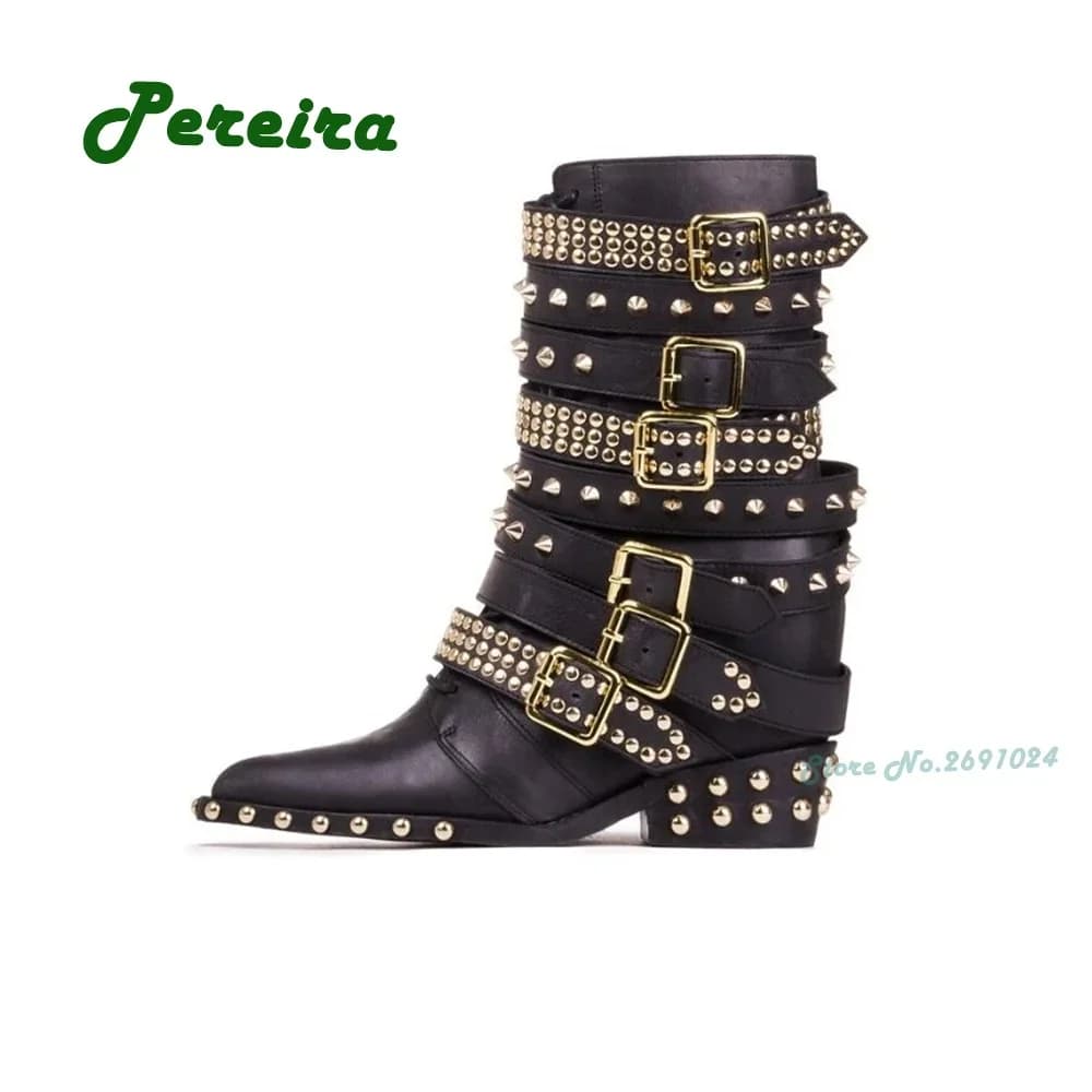Stivaletti gladiatore con rivetti dorati stivaletti da donna con fibbia a punta con tacco a punta inverno 2023 nuove scarpe da pista solide con cerniera laterale
