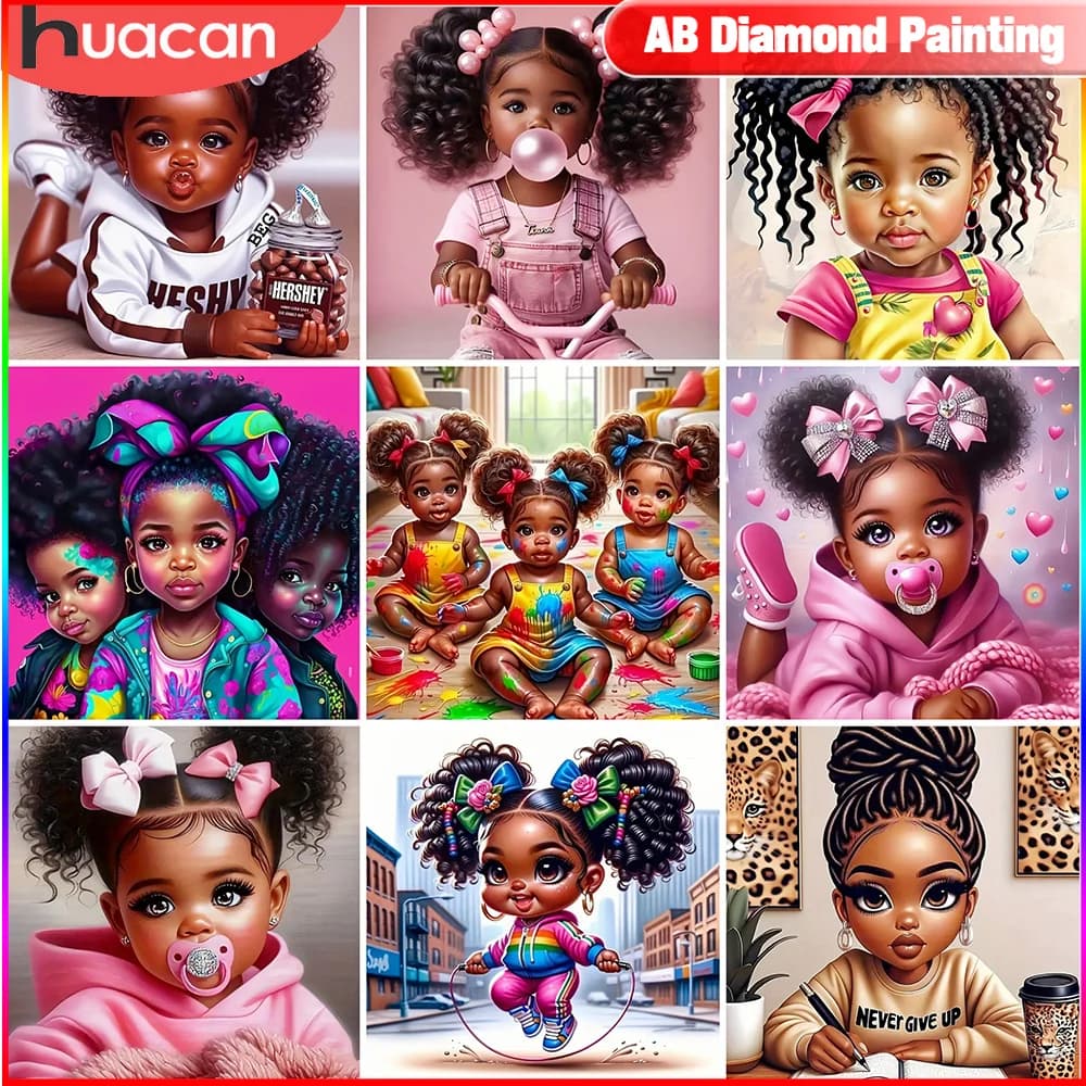 HUACAN Diamond Mosaic African Girl Cross Stitch Painting Full Square Round Portrait Picture Rhinestones Embroidery Decor Home