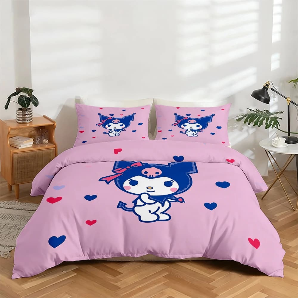 High-definition digital printed sheets set in 3 pieces, set with large floral print with Kuromi pattern, includes 1 sheet with corners + 2 pillowcase, suitable for bedroom, guest room, home decorations, sheet with polyester fiber corners + pillowcase, ultra soft bed linen, thick fabric, comfortable for all seasons, washing machine