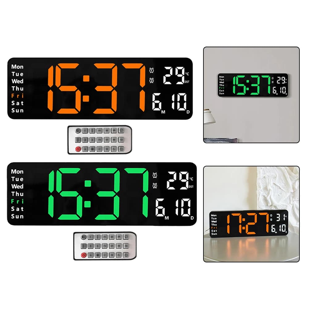 Elegant Digital Wall Clock/Write with Wide Display Provides Essential Information: Time, Temperature and Day Synchronization