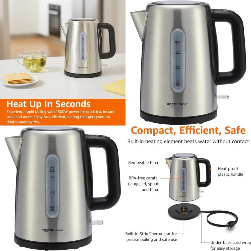 Bollitore elettrico in acciaio inossidabile: senza BPA, 1,7 litri, riscaldamento rapido, spegnimento automatico, protezione contro l'ebollizione a secco, 1500 W, nero/argento