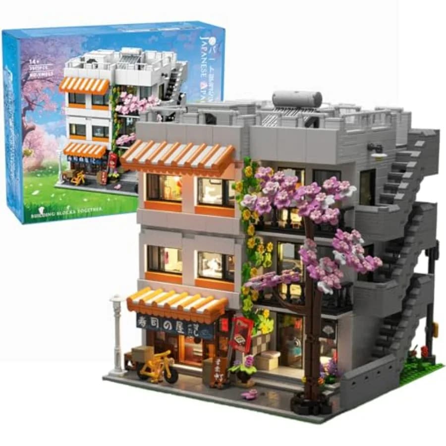 Set di Blocchi da Costruzione Stile Giapponese, Edificio a 3 Piani con Vista su Strada, Casa Architettonica con Fiori di Ciliegio, 5 Personaggi e Luci LED