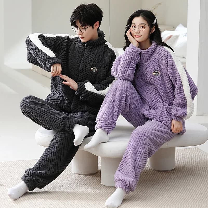 Pigiama da uomo coreano con cerniera Set pigiama da donna in pile di corallo pigiama invernale caldo pigiama casual hombre Mujer abbigliamento per la casa