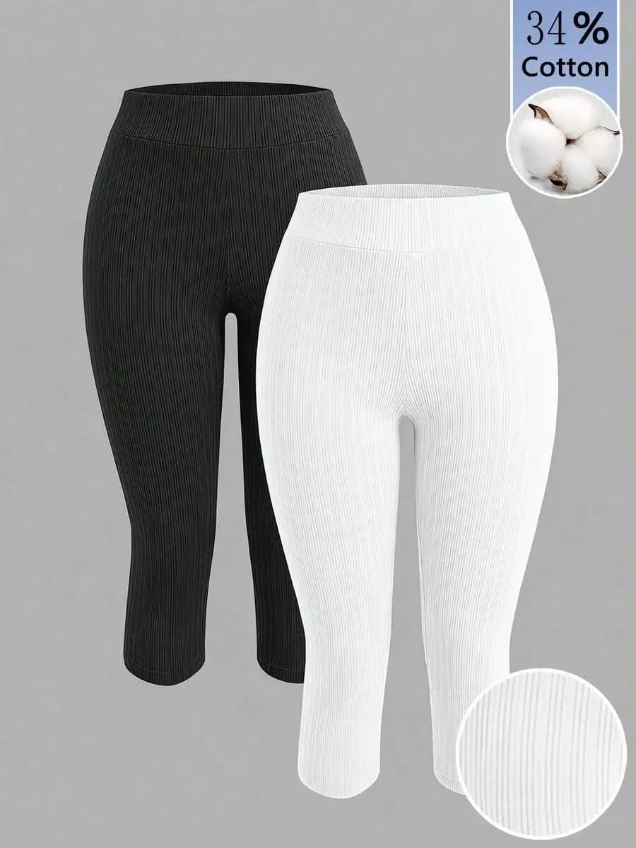 Leggings capri a costine a vita alta, confezione da 2, in bianco e nero, pantaloni casual elasticizzati per abiti estivi e autunnali