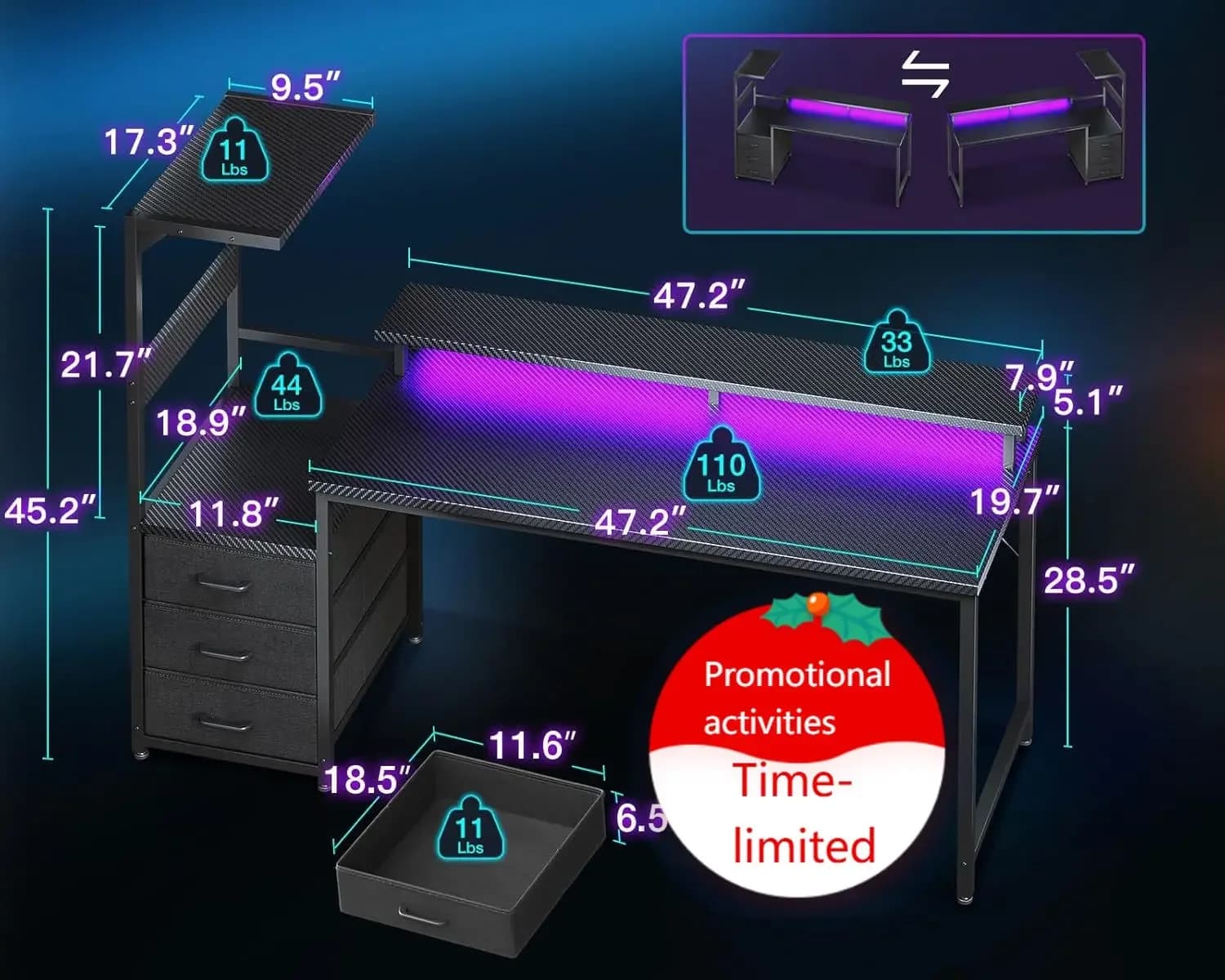 Scrivania da Gaming da 59 Pollici con Luce LED - Scrivania per Computer Reversibile con Ripiani Portaoggetti e Supporto per Monitor, Tavolo Moderno per Gamer con