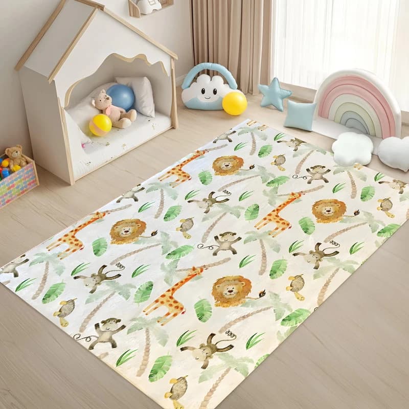 Jungle Adventure Rug Cute Animal Pattern Home Decor Carpet Soft Non-Slip Floor Mat Lion Giraffe Monkey Print Kids Room Decor