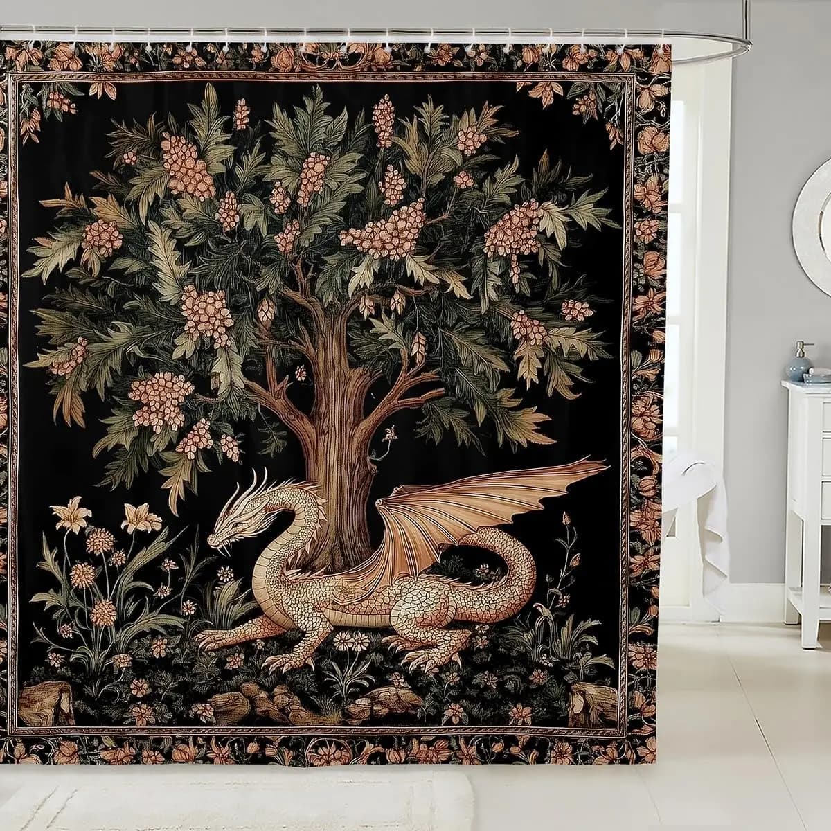 Enchanting Dragon and Botanical Tree Shower Curtain Gothic Forest Waterproof Bathroom Decor Tapestry Curtain Wall Art 180x180cm