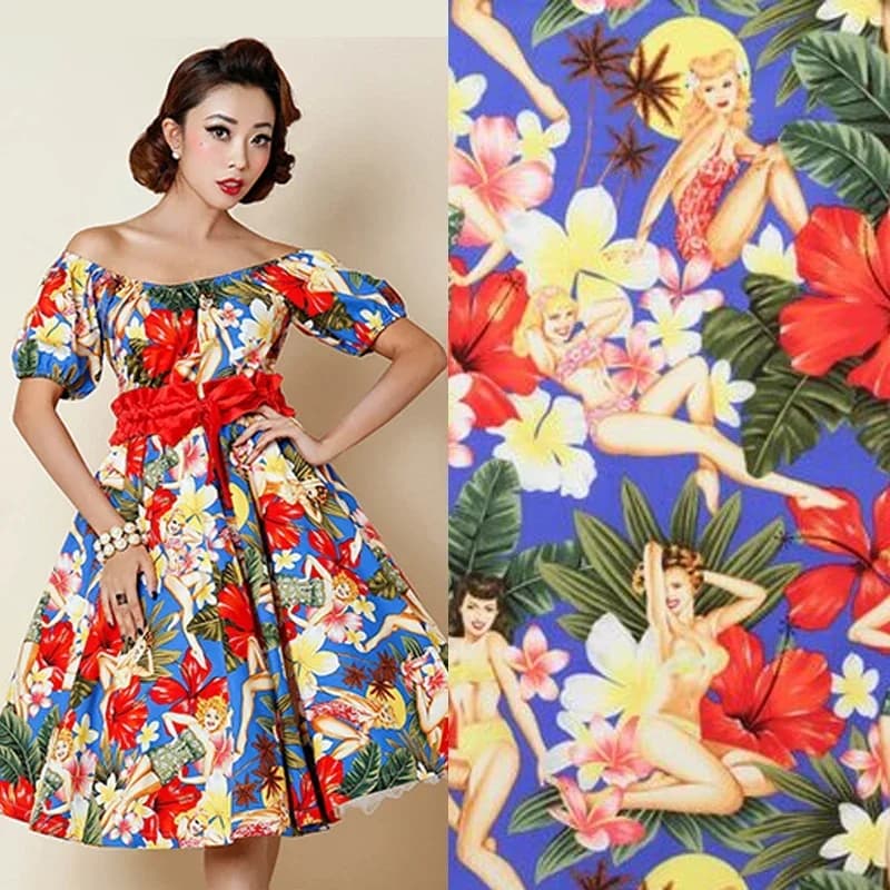 Vintage Flower Girl Printed Cotton Stretch Poplin Fabric Parent-child Clothing Children's DIY Fabrics Cloth for Dress for Sewing