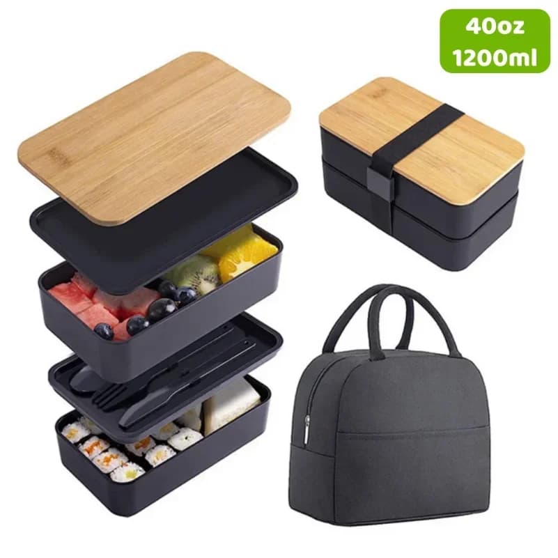 Contenitore per Pranzo Bento per Adulti, Set di Contenitori per Alimenti a 2 Livelli con Posate per Bambini, Adatto per Microonde e Lavastoviglie