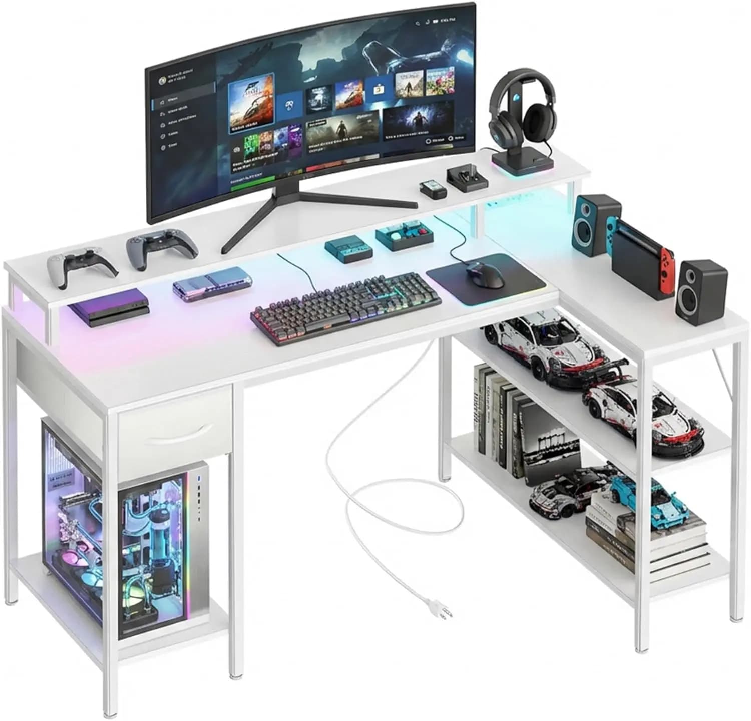 Scrivania da Gaming a L da 47 Pollici con Luci LED, Porte di Ricarica, Ripiani e Cassetto per Ufficio Domestico in Bianco