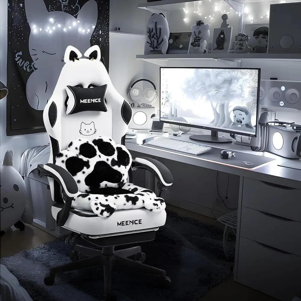 Cute Cat Ear Gaming Chair with Lumbar Support, Ergonomic Reclining PC Chair for Girls, 300lbs Capacity, Adult Black and White