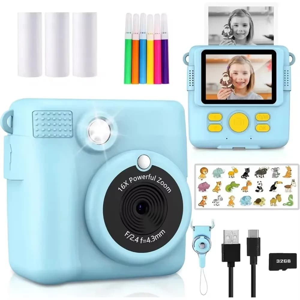 Fotocamera portatile con stampa istantanea per bambini - Videocamera HD 1080P con 3 rotoli di carta fotografica e scheda da 32 GB, giocattolo perfetto per i più piccoli
