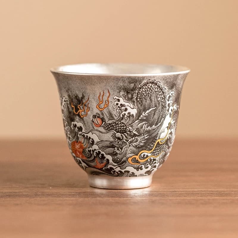 Exquisite Single Silver-Plated Chinese Tea Cup Calligraphy Style Fish Transformed into Dragon Master Cup High-End Tea Set