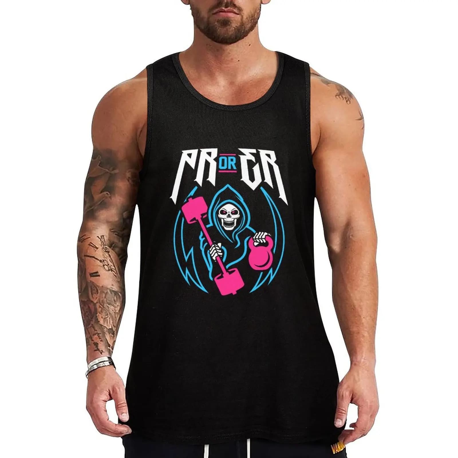 PR or ER (Gym Reaper Kettlebell & Barbell) Funny Gym Ego Lifting Tank Top Performance Athletic Tank Top Workout Running Shirt