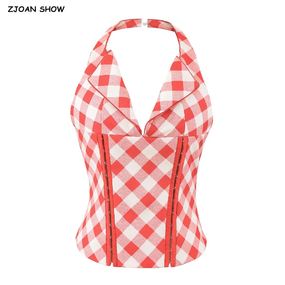 Sexy stampa scozzese Halter scollo a V bottoni con gancio anteriore canotta sottile donna fasciatura incrociata allacciatura fiocco posteriore cerniera Tee gilet estivo