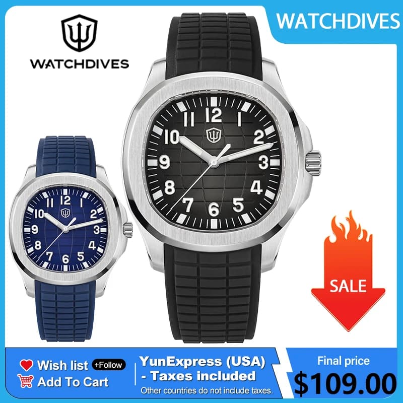 Watchdives WD008 Orologio subacqueo da uomo da 38 mm VH31 con movimento al quarzo con secondi lisci, zaffiro super luminoso, orologi impermeabili fino a 100 m