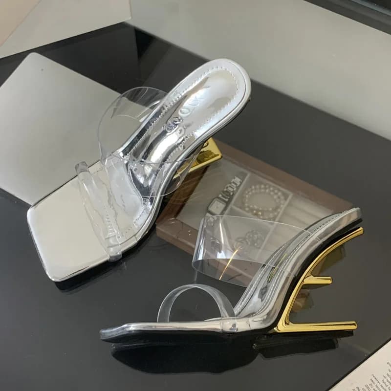 Aneikeh Clear Strap Square Toe Mules Sandals High Heel Slippers Ladies Transparent Strap Slip on Party Dress Slides Footwear