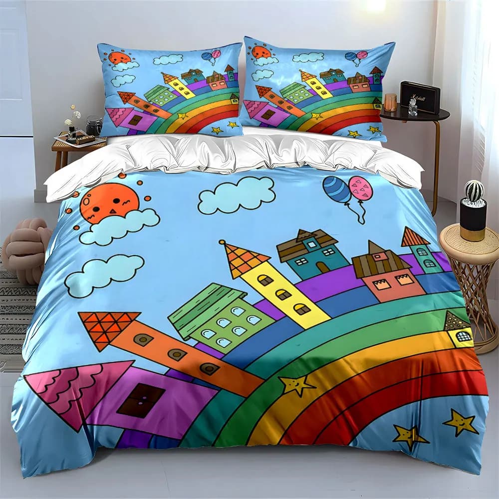 Fairy Houses on Rainbow Printed Duvet Cover Set 1 Duvet Cover+2 Pillowcase Multi Size Bedroom Bedding Decor Luxury Gift