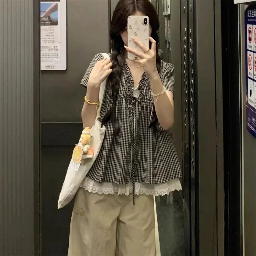 Plaid Loose Faux Two-Piece Shirt With Lace Short Sleeves Summer Korean Thin Tee Women Ruffle V-Neck Lace-Up Blouse Students