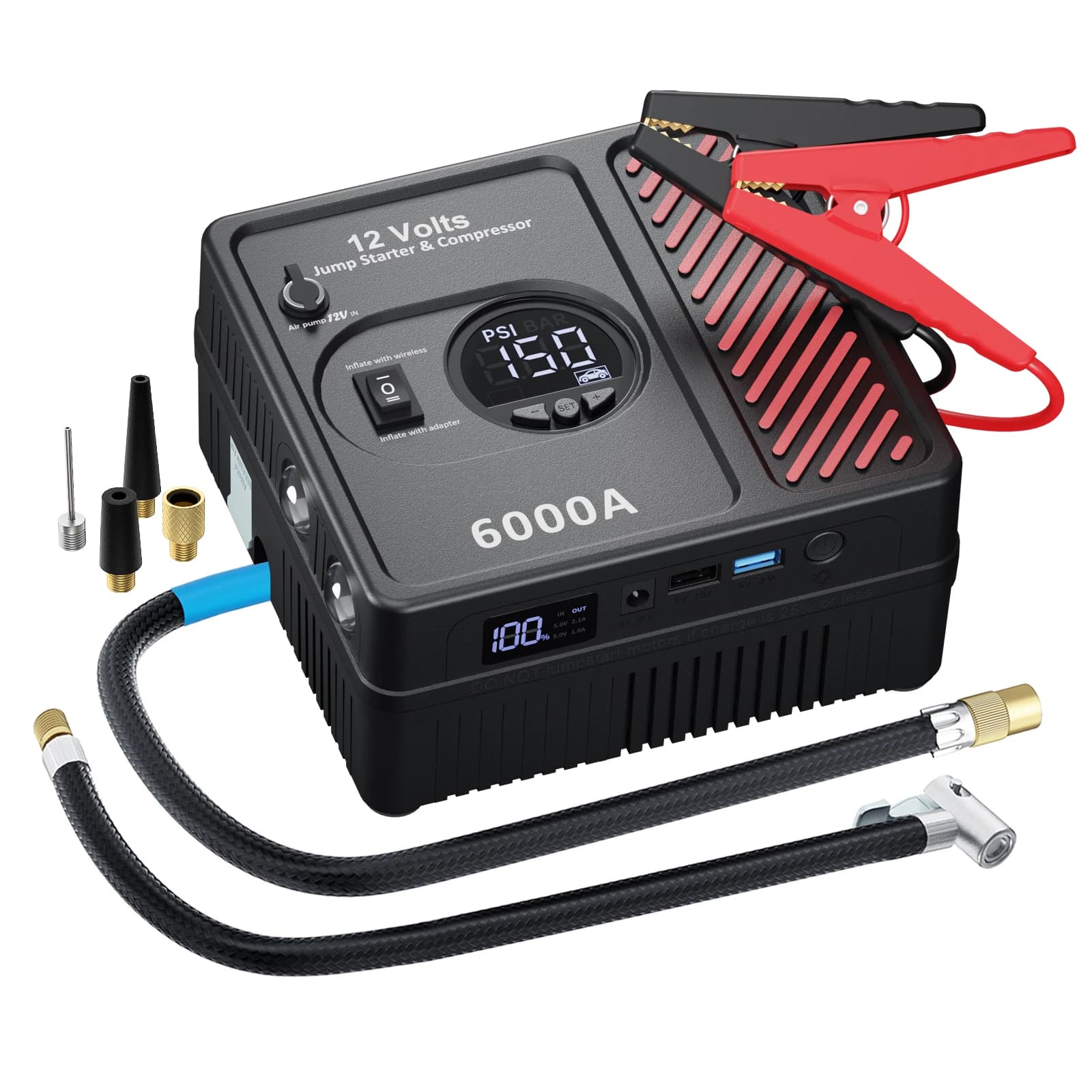 Avviatore di Emergenza Portatile per Auto 28000mAh 6000A 150PSI con Gonfiatore Pneumatici e Power Bank, con Custodia in EVA per Camion
