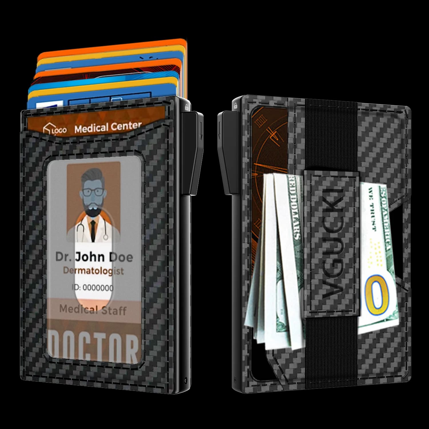 Porta carte di credito sottile con portafoglio in pelle in fibra di carbonio con doppio blocco RFID Portafoglio pop-up automatico in pelle per carte e note