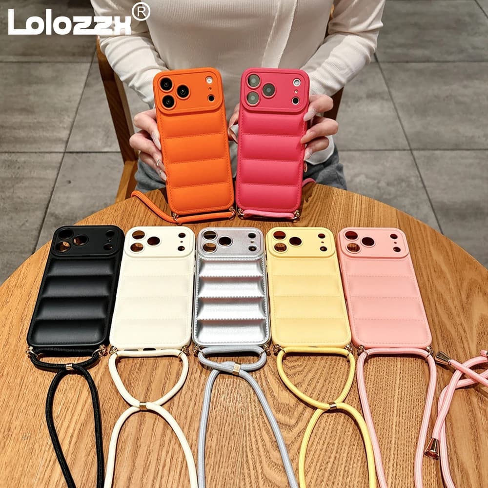 Shoulder strap Down Jacket Cordino Phone Case for iPhone 17 Air 16 15 14 13 12 11 Pro Max 16E Plus XR XS Cover Soft