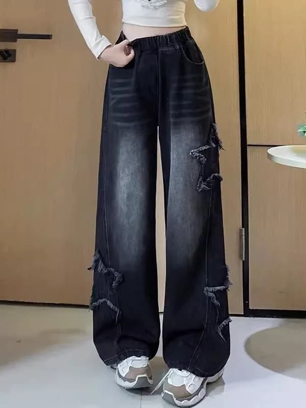 Black Elastic Waist Loose Wide Leg Jeans for Women plus Size High Waist Straight Cut Trousers Trendy Comfortable plus Size Denim