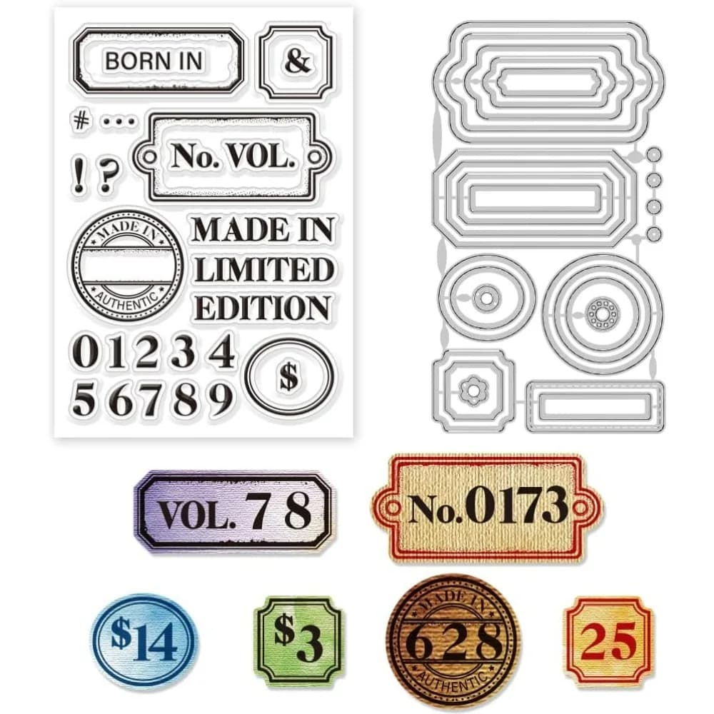 Label Number Postmark Clear Stamps and Label Frame Cutting Dies Set for DIY Scrapbooking and Cards Making Decorative Photo Album