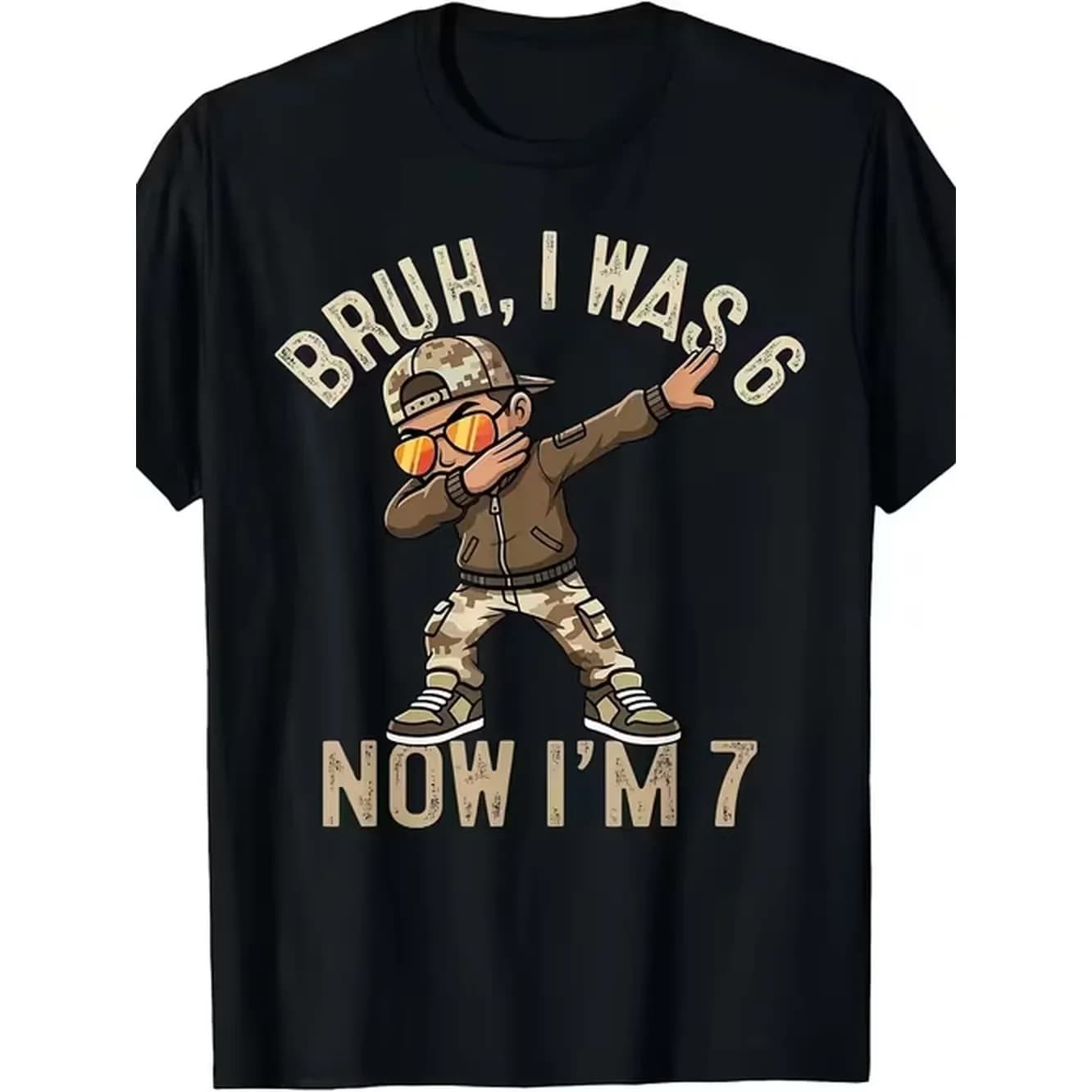 I Was 6 Now I M 7 Fun Black T Shirt Trendy Dab Design With Camouflage Cap Sunglasses Jacket Ideal For Kids Birthday Celebrations Age Milestones
