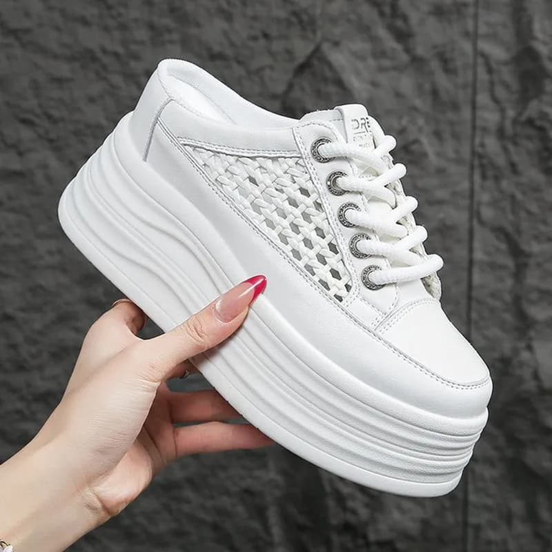 2026 8CM Microfiber Leather Platform Wedge High Brand Women Platform Wedge Slippers Flats Chunky Sneakers Vulcanize Hollow Shoes