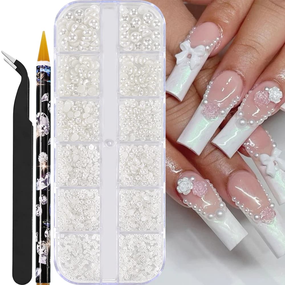 Nuovo Set di strass per Nail Art 1 scatola/12 griglie (0.2-0.6cm) fai da te mezzo tondo perle bianche fascino per unghie con pinzette Dot Drill Pen Tools
