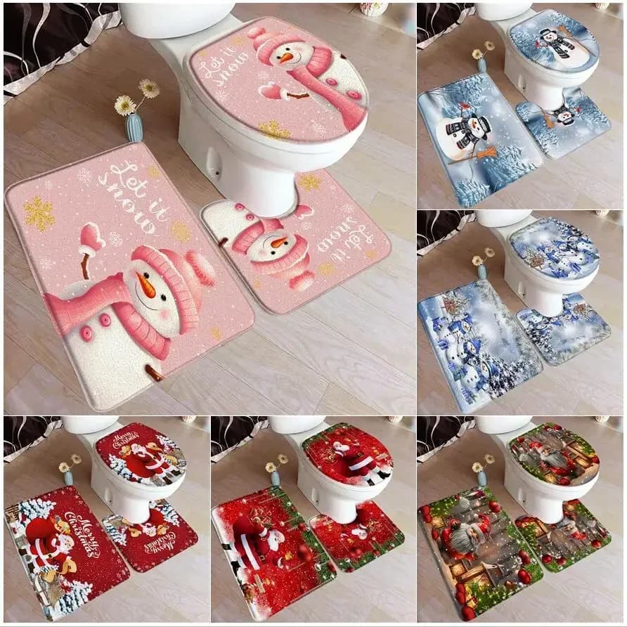 Divertente set di tappetini da bagno natalizi Simpatico pupazzo di neve Babbo Natale Palline rosse Alberi di Natale Tappeto Decorazioni per la casa Tappeto da bagno Copriwater