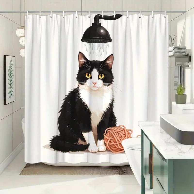 Tenda da doccia per gatti HI-bianco e nero - Arte digitale minimalista, occhi gialli e filato, poliestere, lavabile in lavatrice, arredamento da bagno alla moda