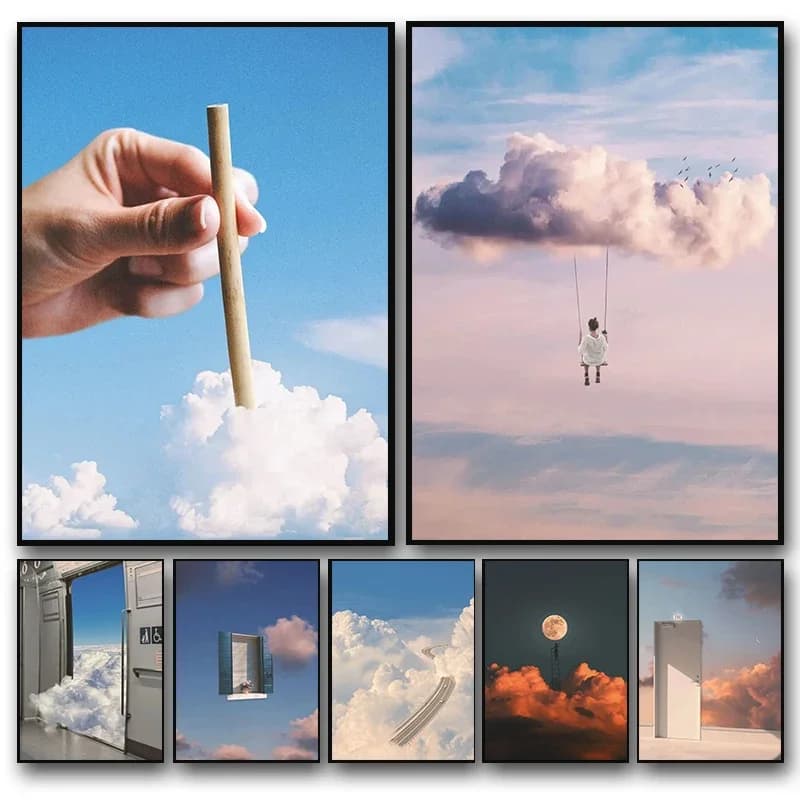 Abstract modern wall art, painted on canvas with poster print, theme People living on the cloud, decoration for dormitory, apartment, house, without frame.