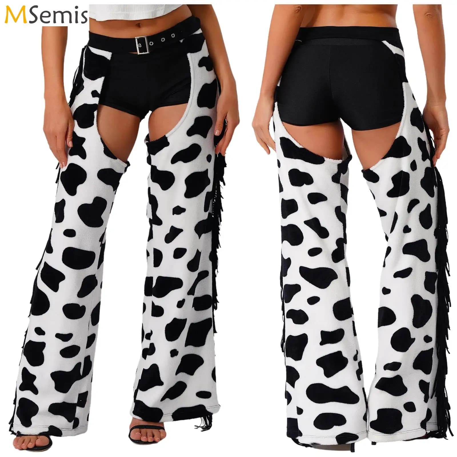 Pantaloni lunghi da donna in flanella con macchie di mucca con nappa laterale in vita con apertura sul cavallo in bicicletta da equitazione Cowgirl Chaps Costume cosplay di Halloween