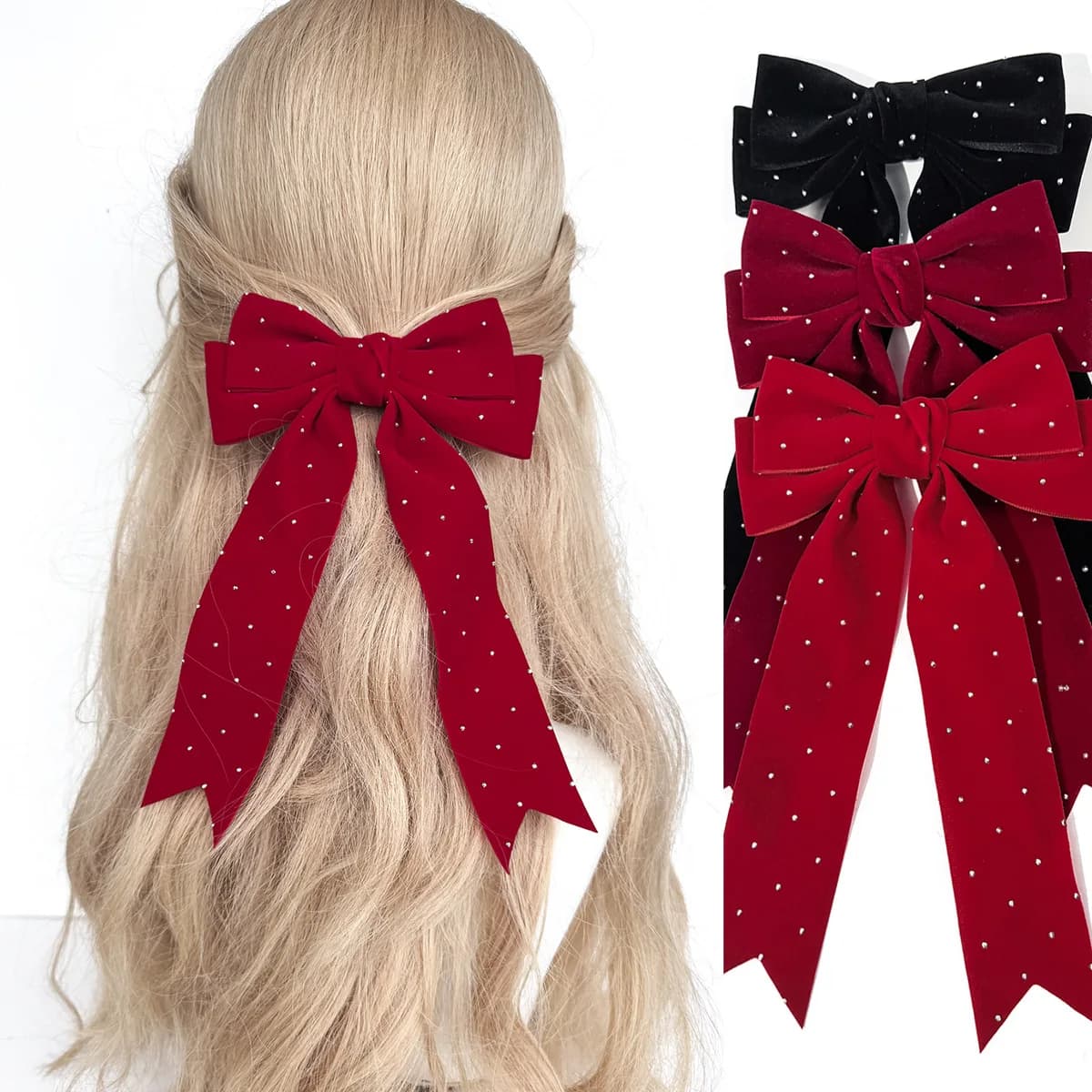 36pc Velvet Bow Hair Clips with Long Tassels Rhinestone Stamp Bow Side Clips Hairgrips for Women And Girls Bulk Pack Headwear