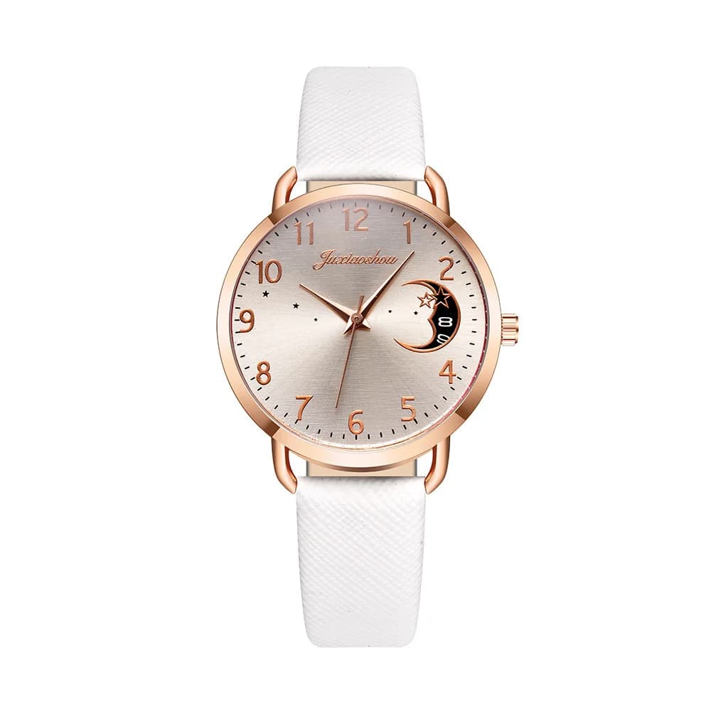 Hot New 2025 Women's Watch Casual Lunar Numerals Dial Bracelet Set Quartz Watch With Women's Leather Strap Women's Watch