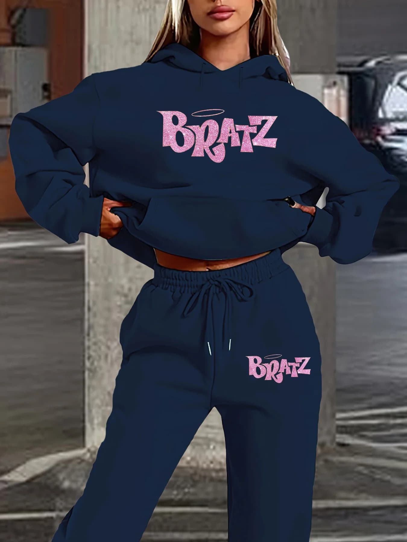 Felpa con cappuccio da donna + pantaloni sportivi Set Hip Hop Street Casual BRATZ Lettera modello stampato sciolto autunno/inverno abbigliamento caldo