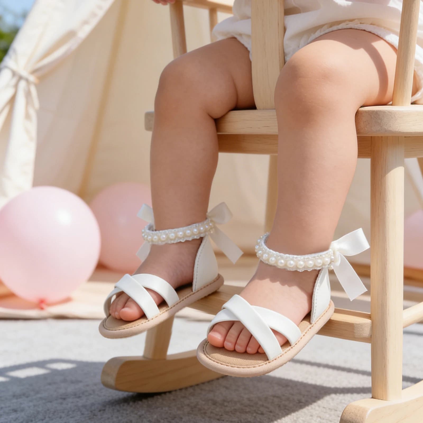 Sandali Estivi per Neonata con Fiocco in Raso Elegante e Decorazioni di Perle, Scarpe da Principessa con Supporto Posteriore Chiuso
