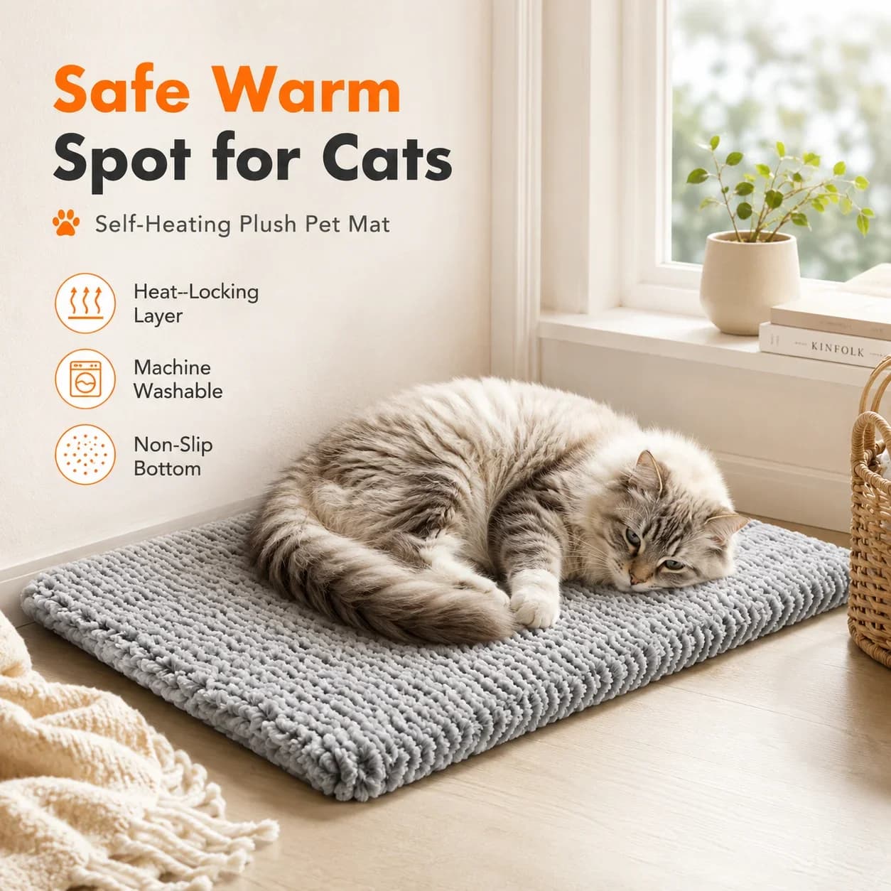 Wave Long Plush Non-Electric Pet Mat, Physical Heat Storage Thermal Pad, Non-Slip Machine Washable Dog Cat Mat
