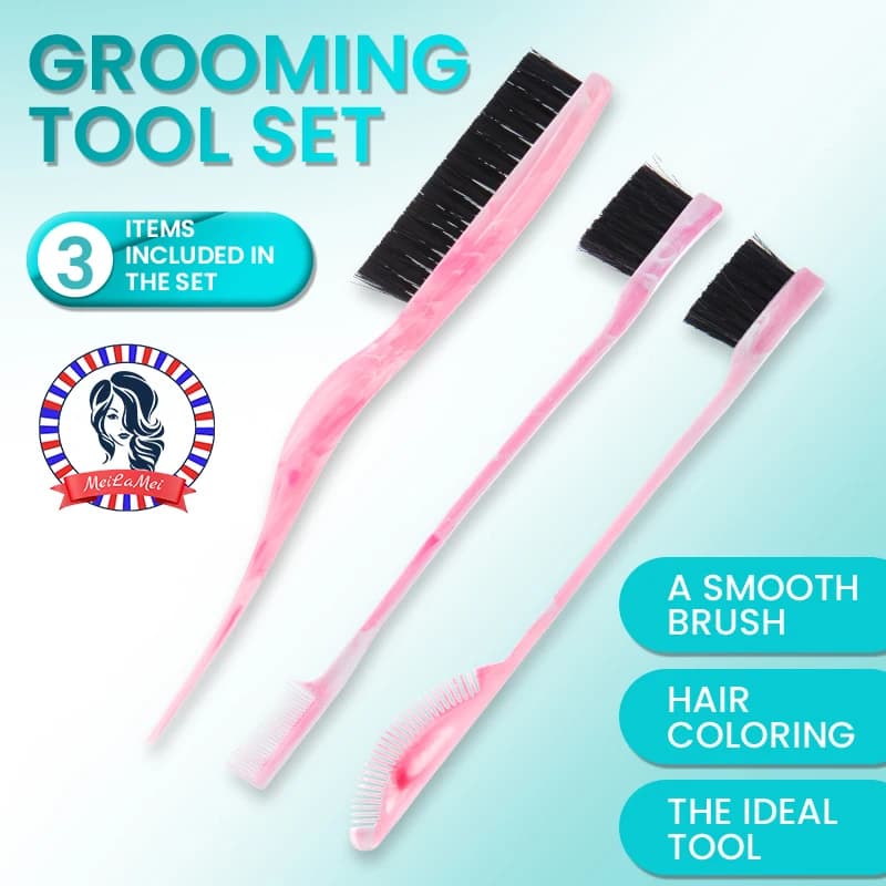 Pettine a coda appuntita per parrucchiere, pennello per styling a tre file a doppia testa con setole Set di pennelli per sopracciglia rosa Kit per acconciature per trucco