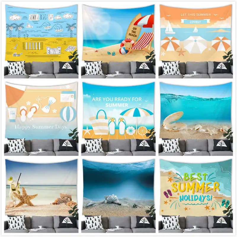 Cartoon beach scenery digital-printed polyester tapestries living rooms bedrooms macrame wall hanging room decor aesthetic