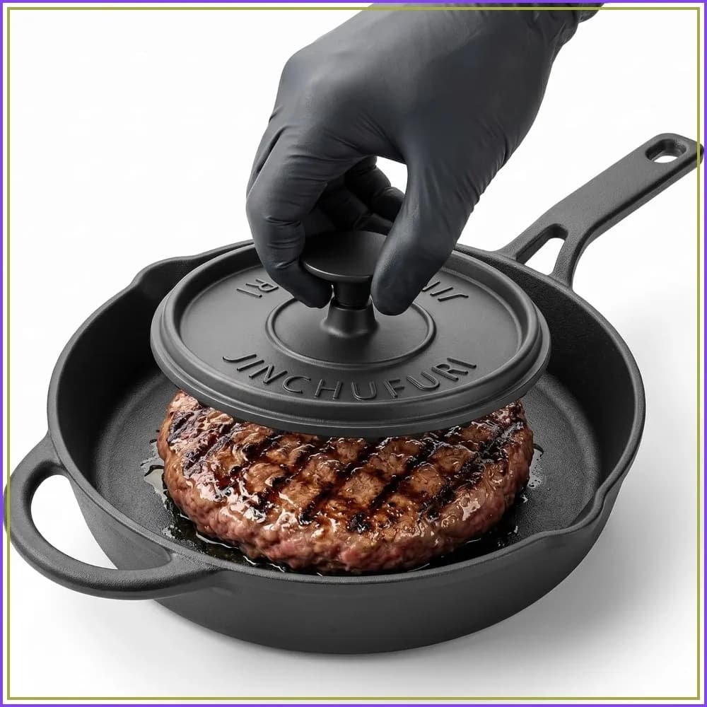 Cast Iron Skillets Set with Burger Press, 10.25 Inch Pre-Seasoned Frying Pan & 8 Inch Grooved Smash Burger Press, Heavy Duty Cast Iron Grill Press for Bacon
