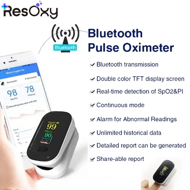 Resoxy finger pulse oximeter Heart rate Oxygen saturation monitor in blood TFT display for Android applications Apple Pulsossimeter Bluetooth