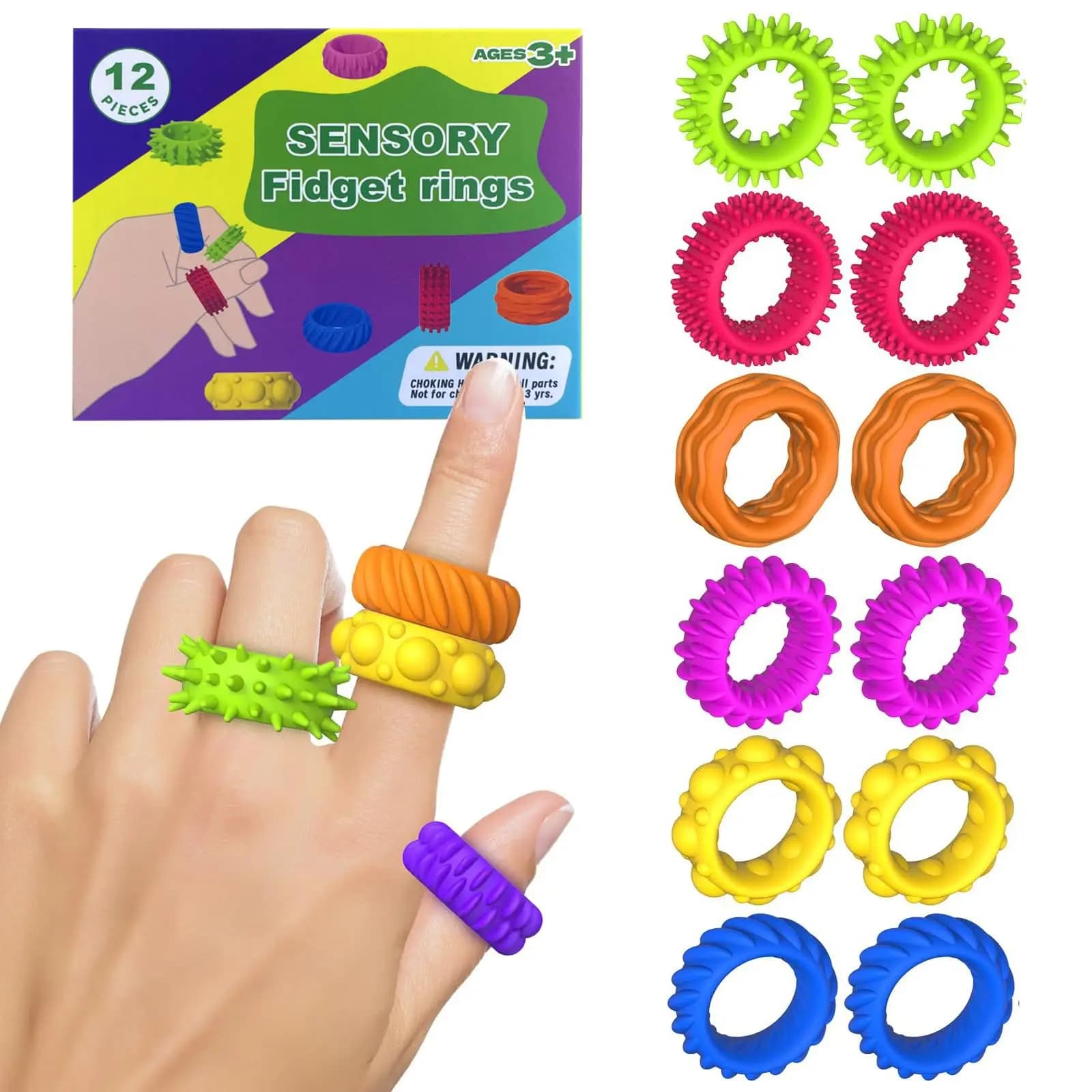 Fidget Toys for Kids,Sensory Toys for Autism,12 Pcs Finger Rings Texture Stress Finger Toys for Kids Autism Calming , Fidget Rin